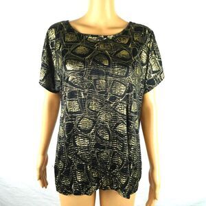 Lauren Lee Vintage Black Gold Metallic Short Sleeve Blouse T Shirt Top Large EUC
